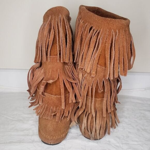 Suede leather fringe moccasin boots - Picture 4 of 6